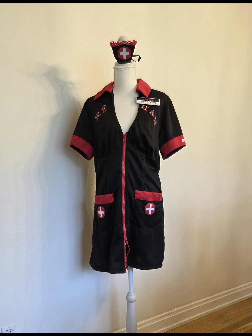 Dreamgirl Black and Red Nurse Costume Dress with Red Trim